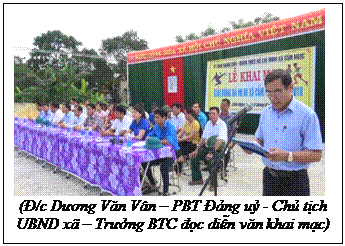 Text Box:  
(Đ/c Dương Văn Vân  PBT Đảng uỷ - Chủ tịch UBND xã  Trưởng BTC đọc diễn văn khai mạc)





